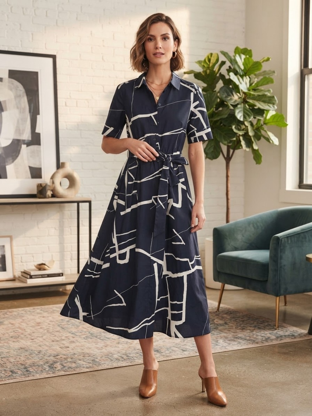 DKNY Navy and White Abstract Shirt Midi Dress with Tie Waist
